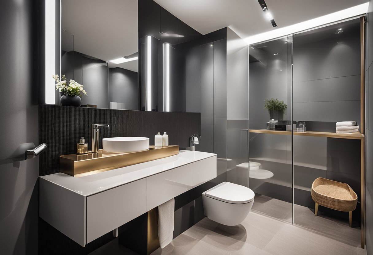 A modern toilet vanity with sleek lines and integrated storage, surrounded by a variety of commonly asked questions related to its design