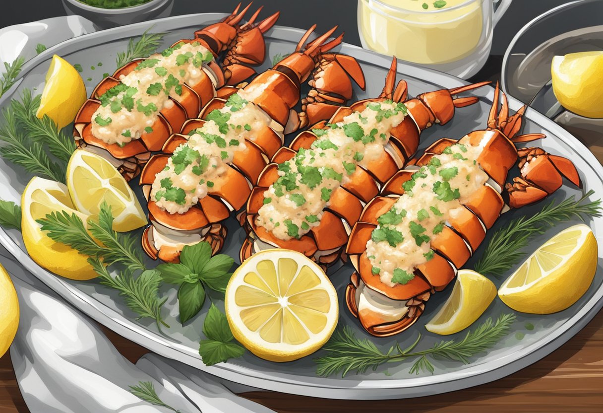 A platter of grilled lobster tails, surrounded by lemon wedges and fresh herbs, with a side of buttery garlic sauce