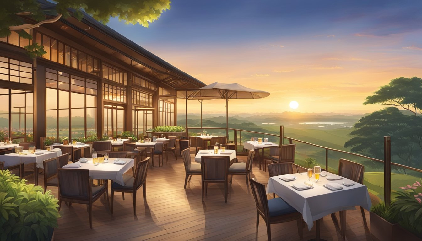 The Seletar Hill restaurant sits atop a lush green hill, with a panoramic view of the surrounding countryside. The warm glow of the setting sun bathes the outdoor seating area, while the cozy interior beckons with the promise of delicious cuisine