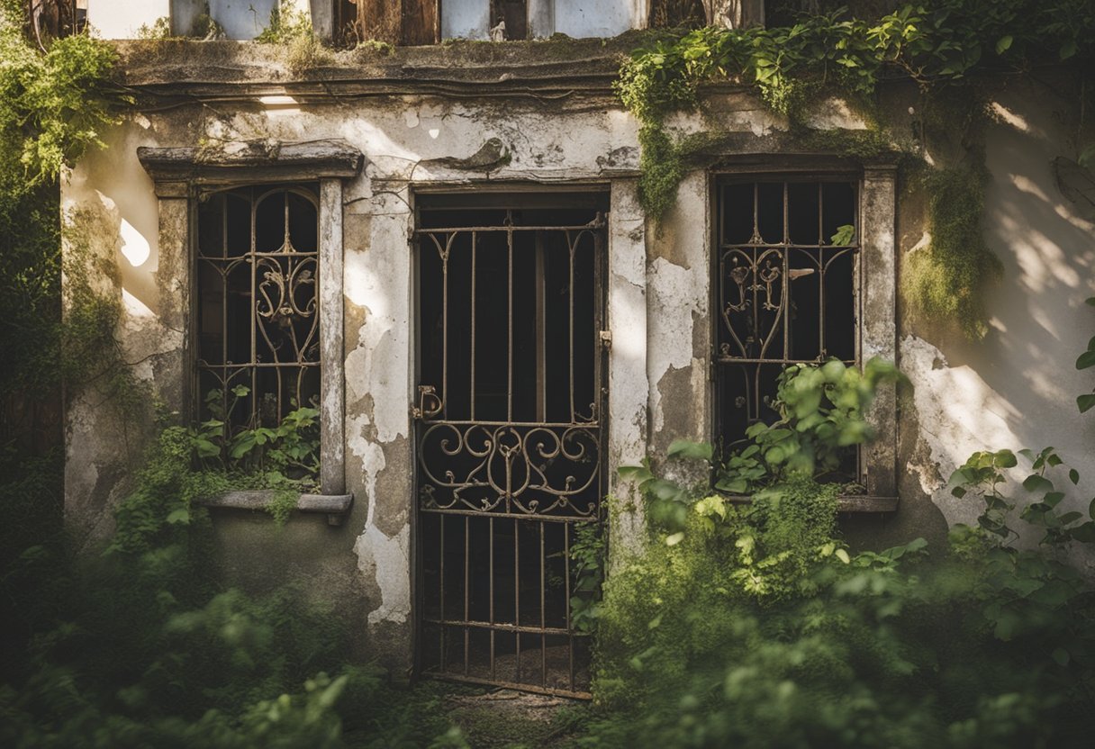 Old house with peeling paint, cracked walls, and outdated fixtures. Overgrown garden and rusty gate. Sunlight streaming through broken windows