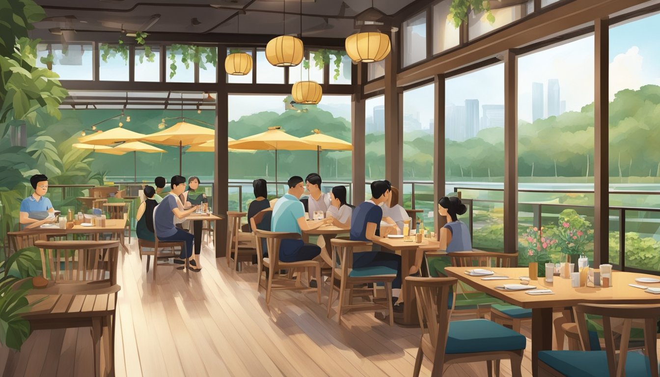 The restaurant at Seletar Hill is bustling with customers. The outdoor seating area overlooks a scenic view of lush greenery. The interior is cozy with warm lighting and wooden furnishings
