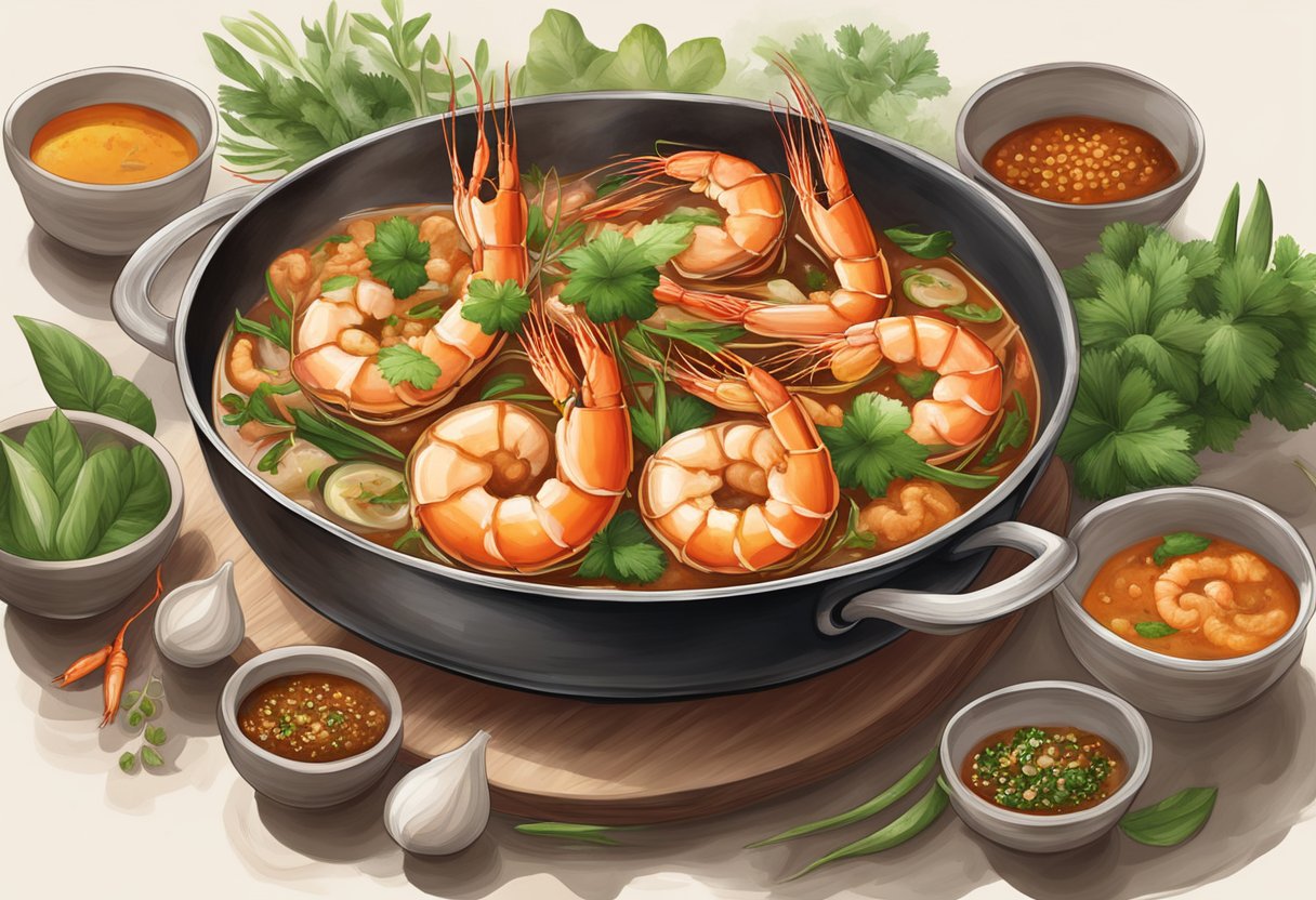 A sizzling pan of ang kar prawn recipes, with sizzling prawns in a rich, flavorful sauce, surrounded by aromatic herbs and spices