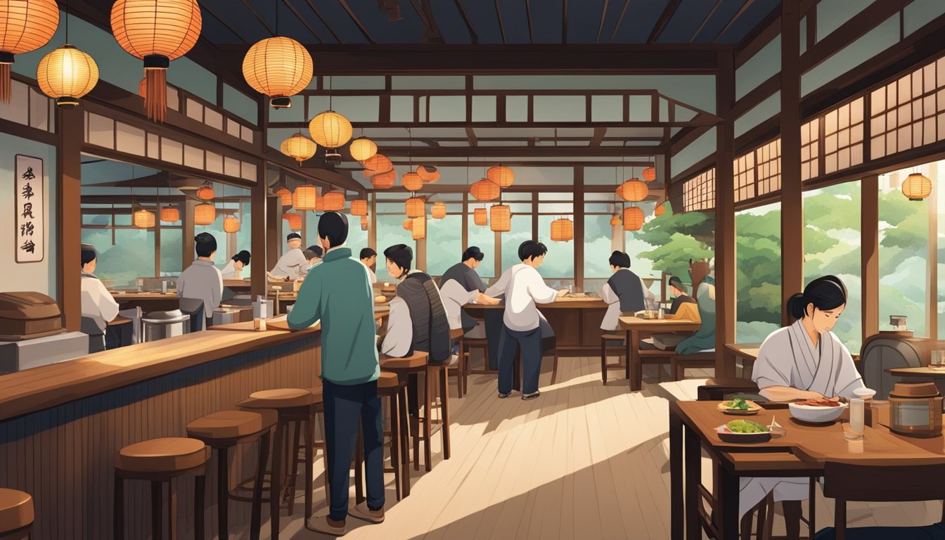 A bustling Japanese restaurant with traditional decor, wooden tables, and paper lanterns. Sushi chefs work behind the bar, and customers enjoy their meals