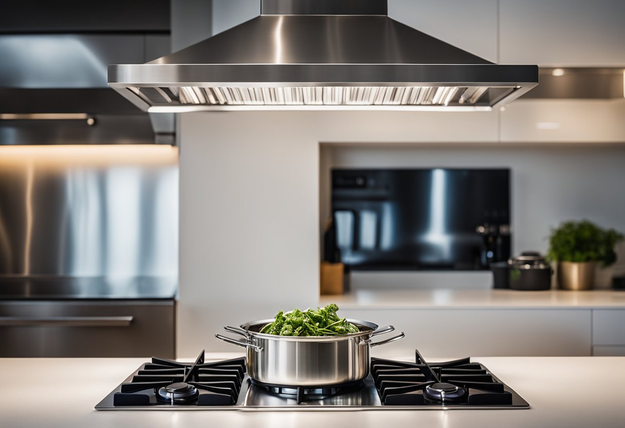A sleek stainless steel kitchen hood hangs above a modern stovetop, with clean lines and a minimalist design. The hood is illuminated by soft overhead lighting, casting a warm glow over the cooking area