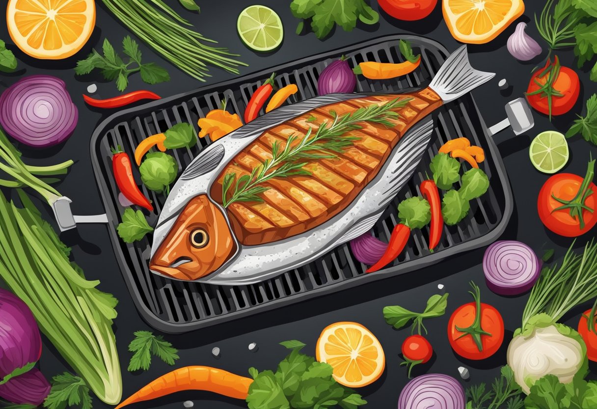 A fish steak sizzling on a hot grill, surrounded by a variety of colorful vegetables and herbs, with aromatic smoke rising from the cooking process