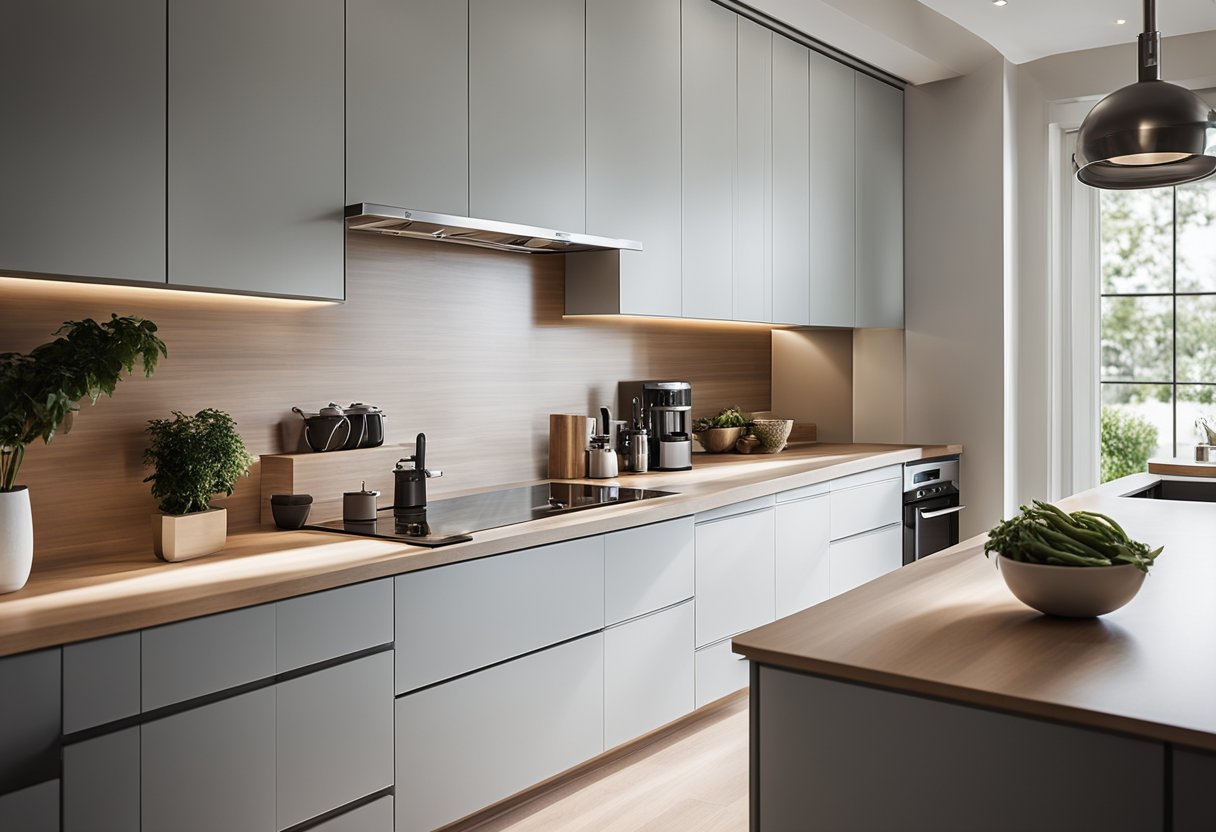 A modern kitchen with new appliances, sleek countertops, and ample storage. Bright, natural light floods the space, highlighting the clean lines and contemporary design