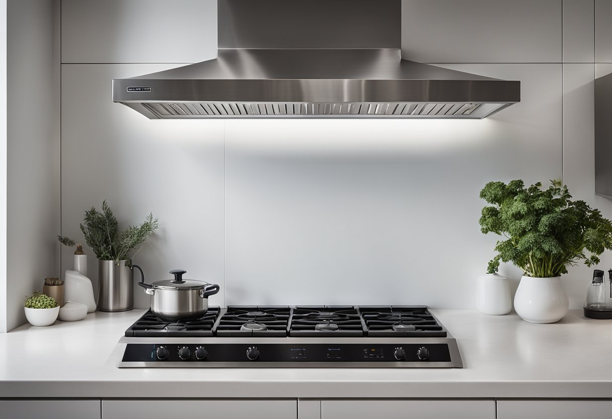 A sleek stainless steel kitchen hood hangs above a modern stovetop. Clean lines and minimalist design principles are evident in the seamless integration of the hood into the surrounding cabinetry
