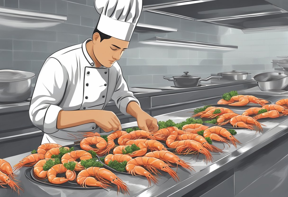 A chef selects and prepares fresh Ang Kar prawns, cleaning and deveining them before marinating in a flavorful blend of spices and herbs