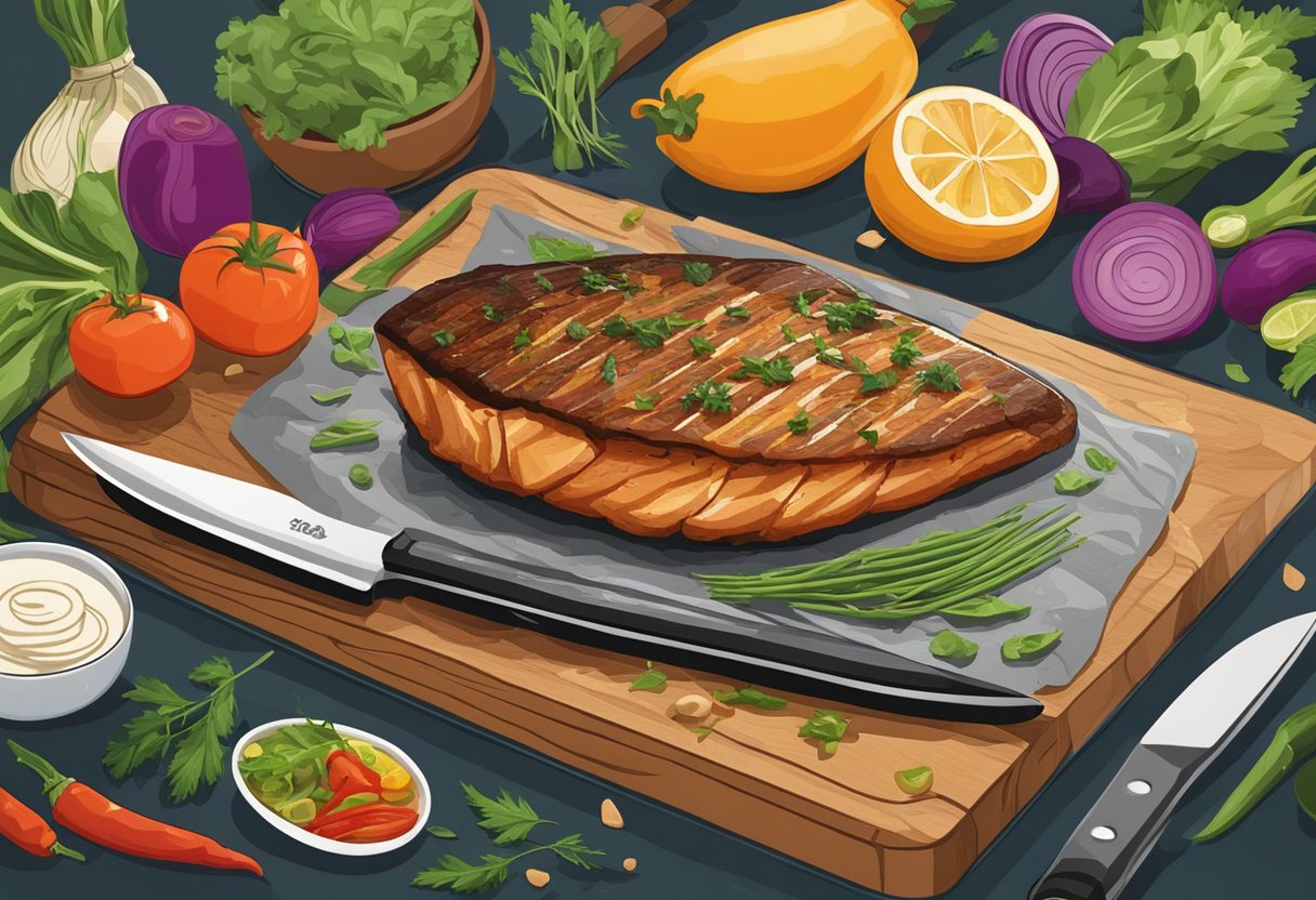A sizzling fish steak sizzling on a hot grill, surrounded by colorful vegetables and herbs. A chef's knife and cutting board sit nearby, ready for the final touches before the dish is served