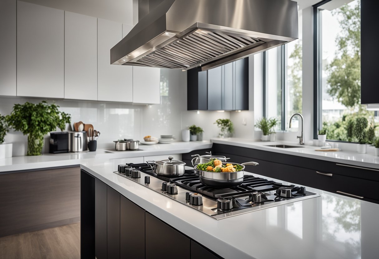 A stainless steel kitchen hood hangs above a modern stovetop, with sleek lines and a powerful exhaust fan, blending seamlessly into the contemporary kitchen design