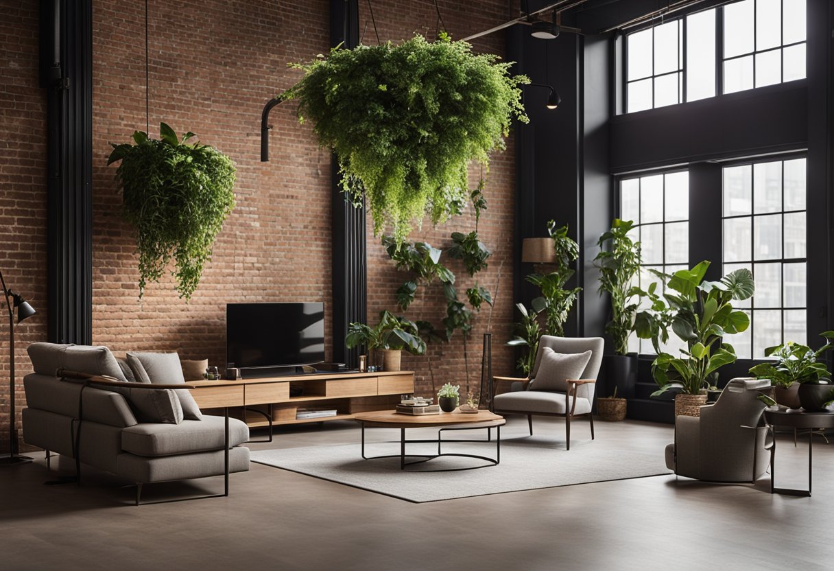 A room with exposed brick walls, large windows, and modern furniture. A hanging plant adds a touch of greenery, while a statement light fixture illuminates the space