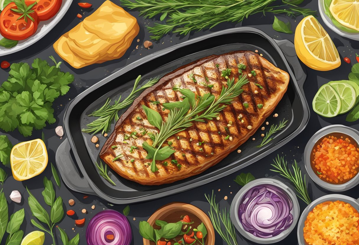 A fish steak sizzling on a hot grill with aromatic herbs and spices sprinkled on top, surrounded by vibrant, fresh ingredients ready to be used in the recipe
