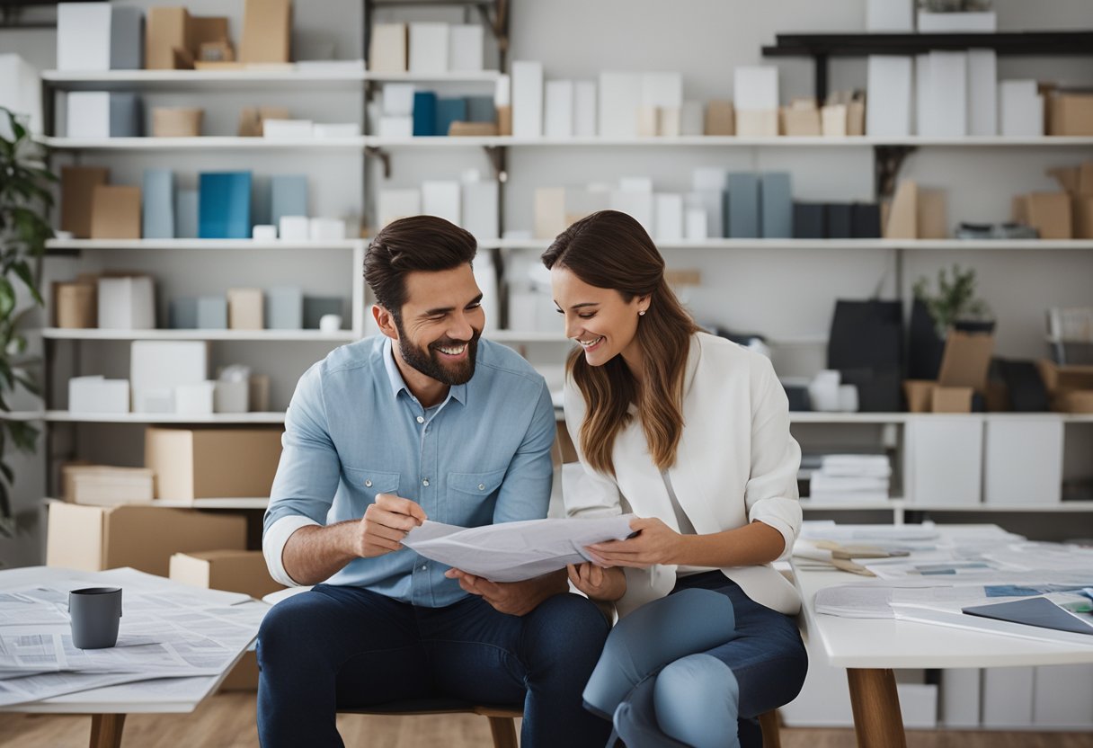 A couple sits at a table surrounded by blueprints, paint swatches, and design magazines. They discuss their home renovation plans, pointing to different ideas and making notes