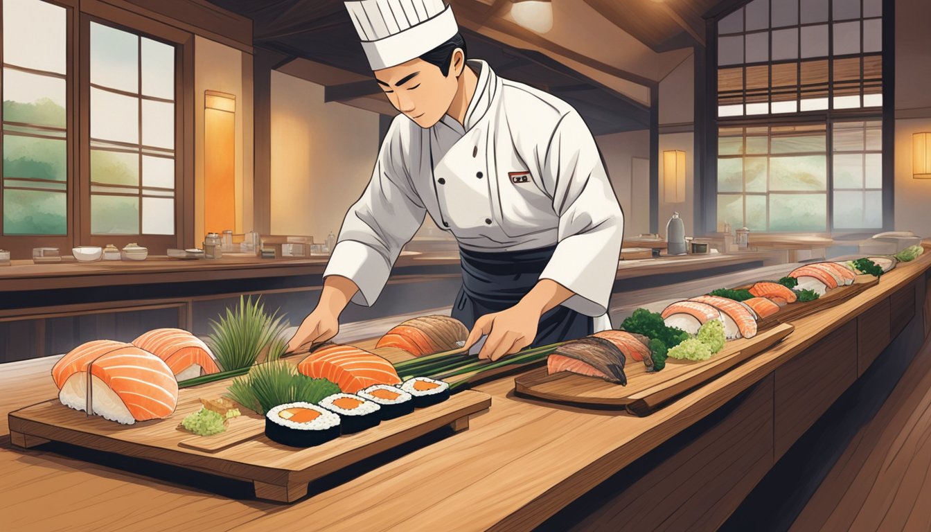 A sushi chef prepares a beautiful omakase spread at Teppei Japanese restaurant, showcasing fresh and delicate seafood arranged on a wooden platter