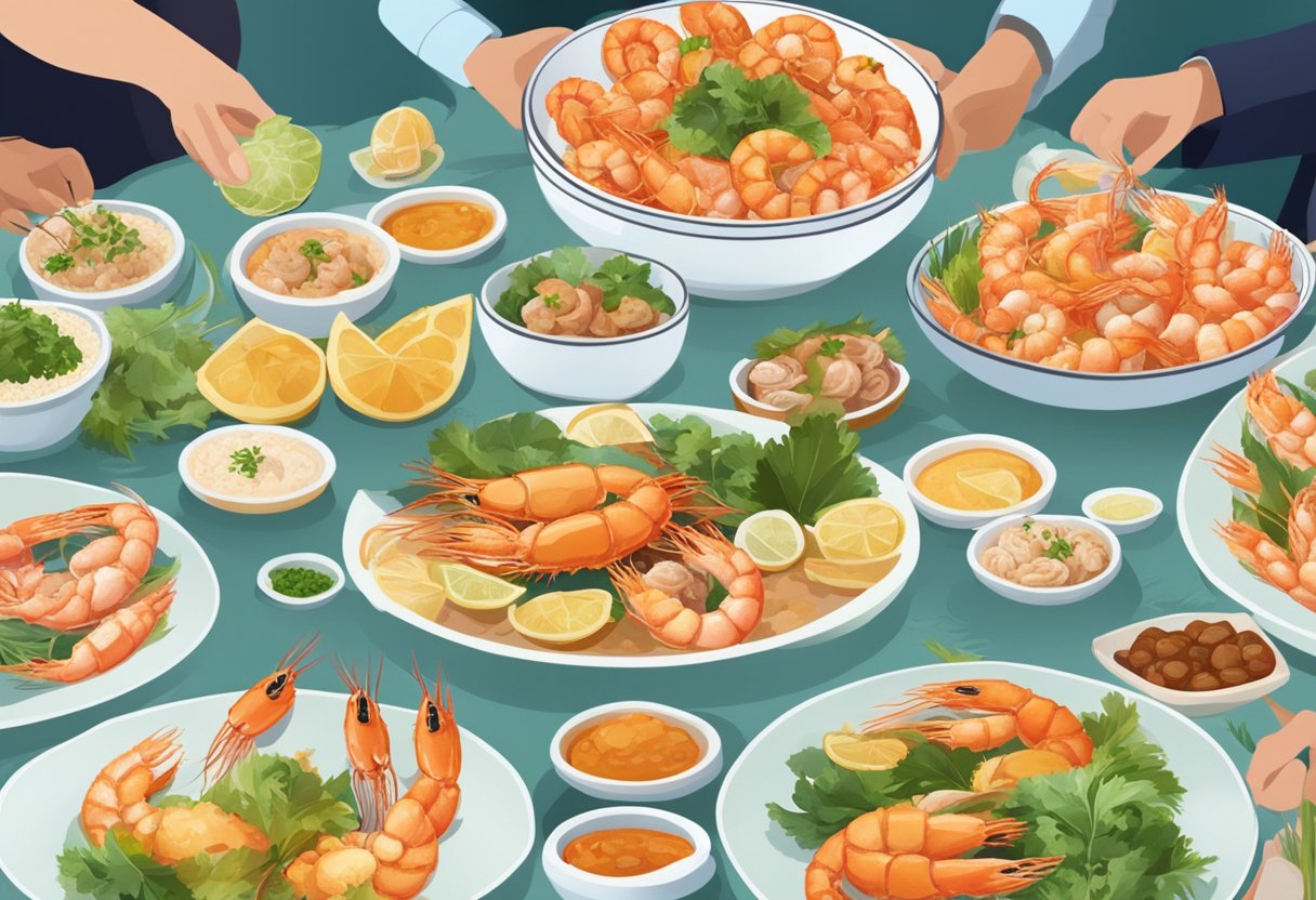 A table with a variety of prawn dishes, surrounded by people asking questions