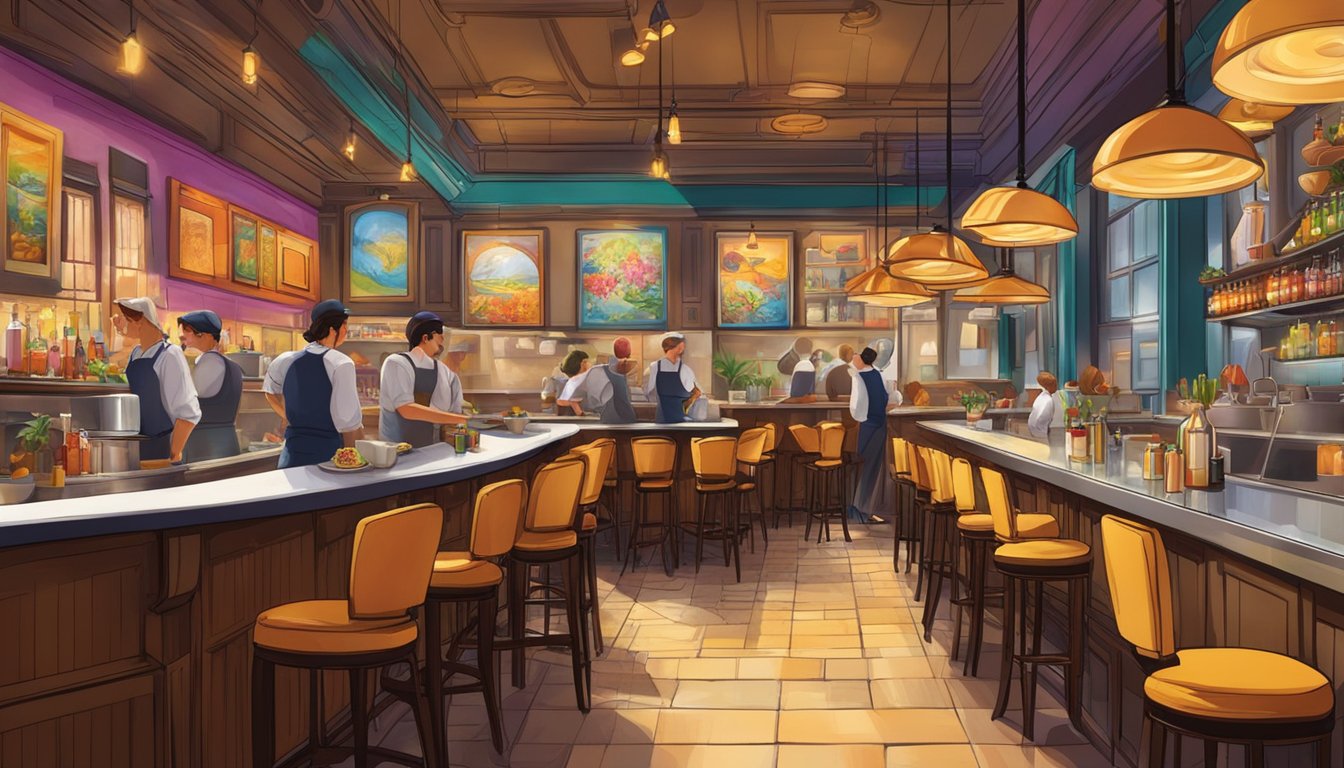 A bustling restaurant with tables and chairs, a bar, and waitstaff. The walls are adorned with colorful artwork, and the aroma of delicious food fills the air