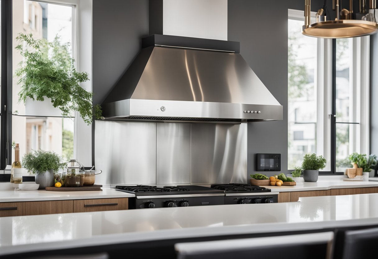 A sleek, modern kitchen hood hovers above a stainless steel stove, with clean lines and minimalist design