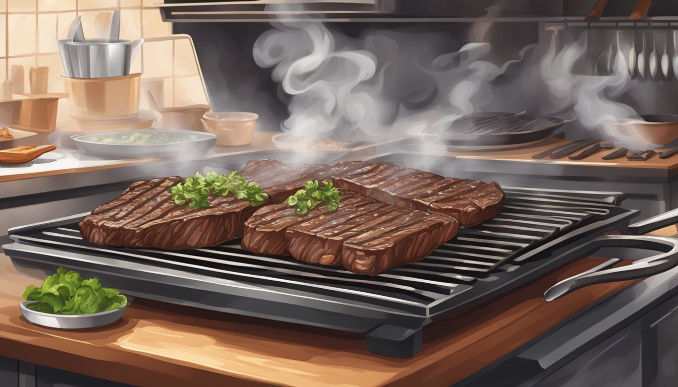 A sizzling skirt steak sizzles on the grill, sending up plumes of aromatic smoke in a bustling restaurant kitchen
