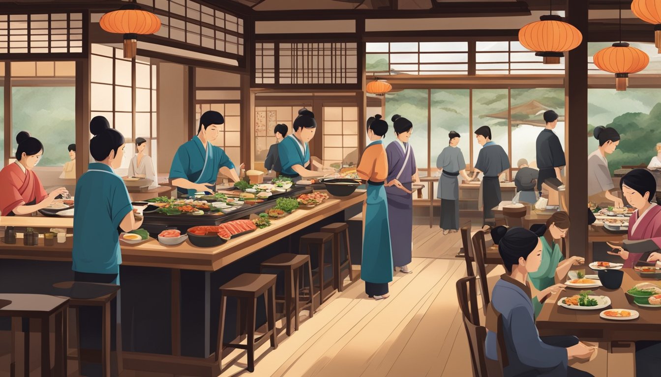 A bustling Japanese restaurant with traditional decor, diners enjoying sushi and sashimi, and a chef skillfully preparing dishes behind the counter