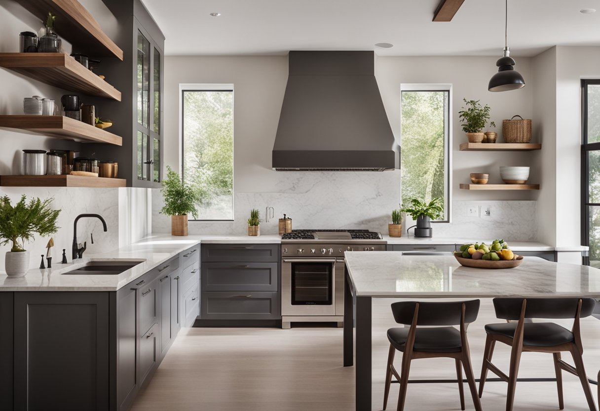 A modern kitchen with open shelving, marble countertops, and sleek appliances. A cozy living room with a fireplace, comfortable seating, and natural lighting