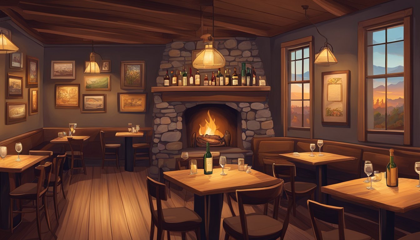 A cozy restaurant with dim lighting, rustic wooden tables, and a warm fireplace in the corner. The walls are adorned with vintage wine bottles and artwork, creating a cozy and inviting atmosphere