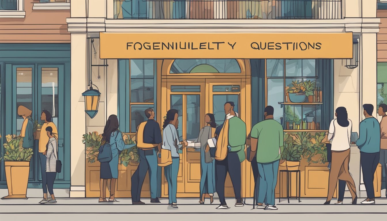 Customers lined up at the entrance of a bustling restaurant, with a sign reading "Frequently Asked Questions" above the door