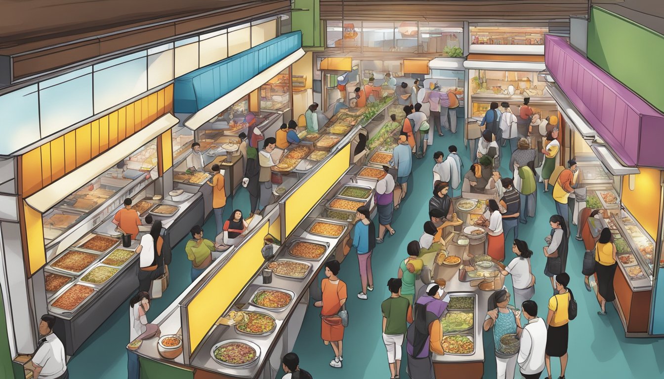 A bustling food court at 313 Somerset, with colorful stalls offering a variety of culinary delights from around the world. The aroma of sizzling meats and spices fills the air as customers eagerly line up to sample the delicious dishes