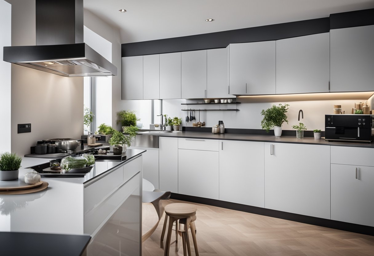 A spacious kitchen with three connected counters, each forming a perfect triangle. The countertops are sleek and modern, with built-in appliances and plenty of storage space