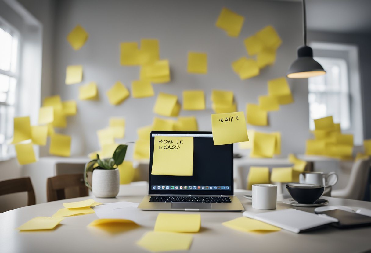 A room with a wall covered in sticky notes listing home renovation ideas. A laptop displaying FAQs on a table