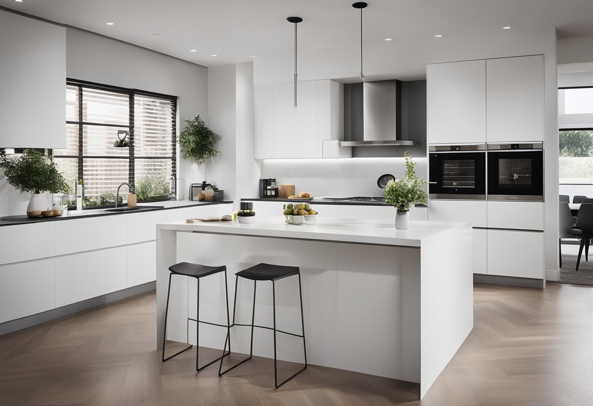 A sleek, white kitchen with clean lines, minimal clutter, and modern appliances