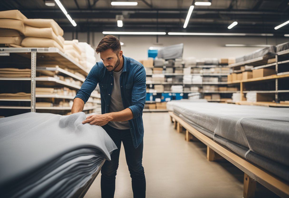 A person selecting a durable, waterproof dust sheet from a variety of options in a renovation supply store