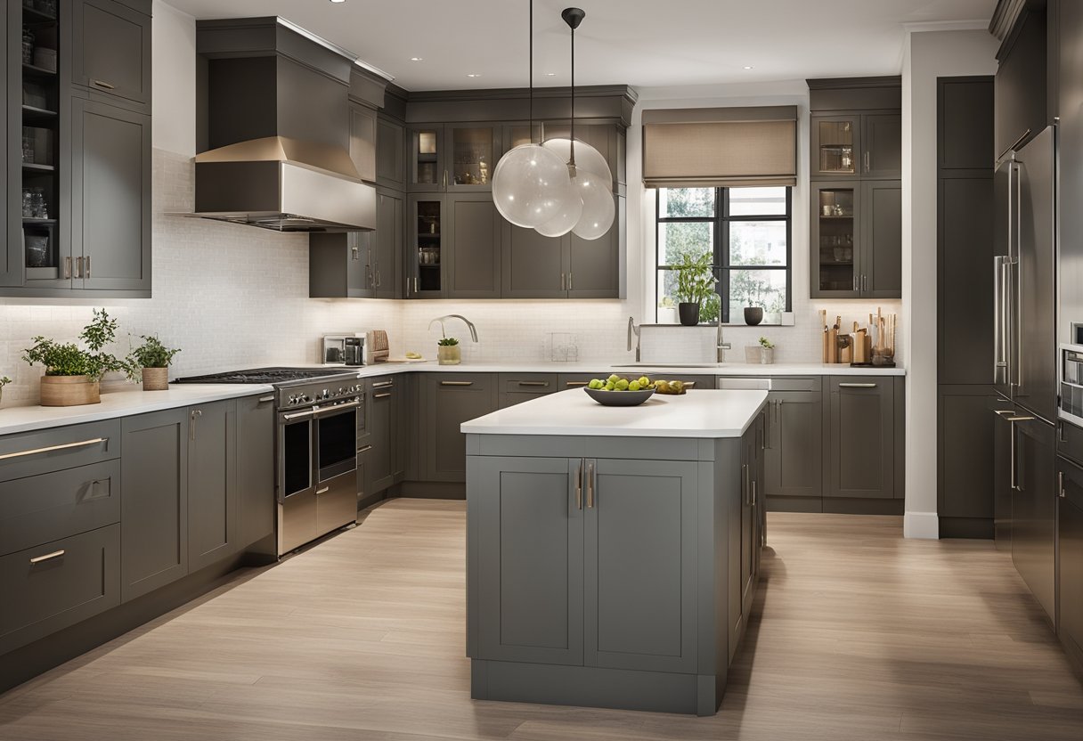 A three-sided kitchen layout with efficient workflow, featuring a central island and ample counter space