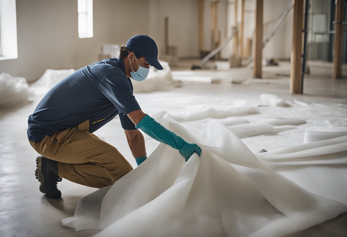 A worker carefully lays out a protective dust sheet in a renovated space, ensuring all surfaces are covered for the upcoming renovation work