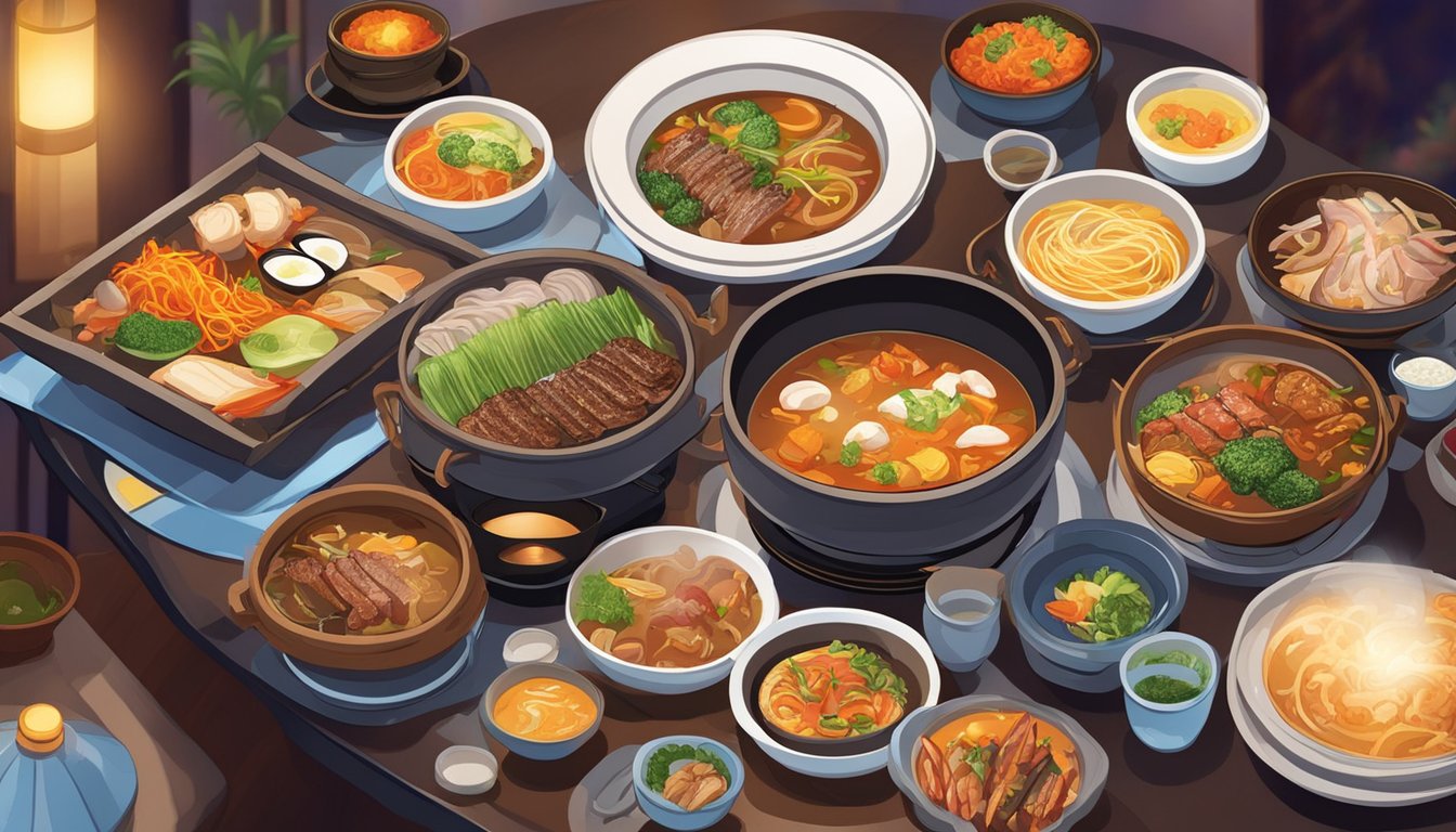 A table set with colorful Korean dishes, steaming bowls of soup, and sizzling BBQ, surrounded by traditional decorations and warm lighting at Sura Sura Korean restaurant