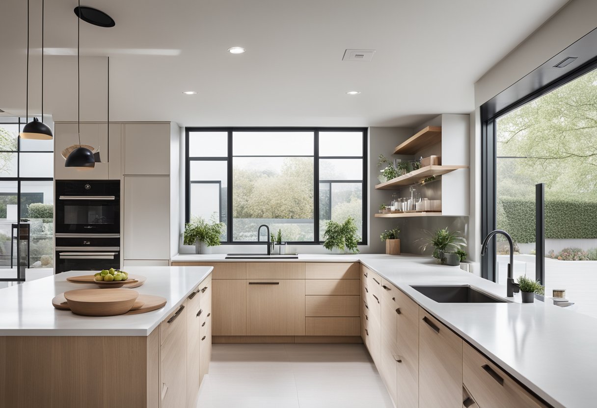 A bright, open kitchen with clean lines, neutral colors, and sleek, uncluttered surfaces. Minimalist design features include simple cabinetry, integrated appliances, and a focus on functionality