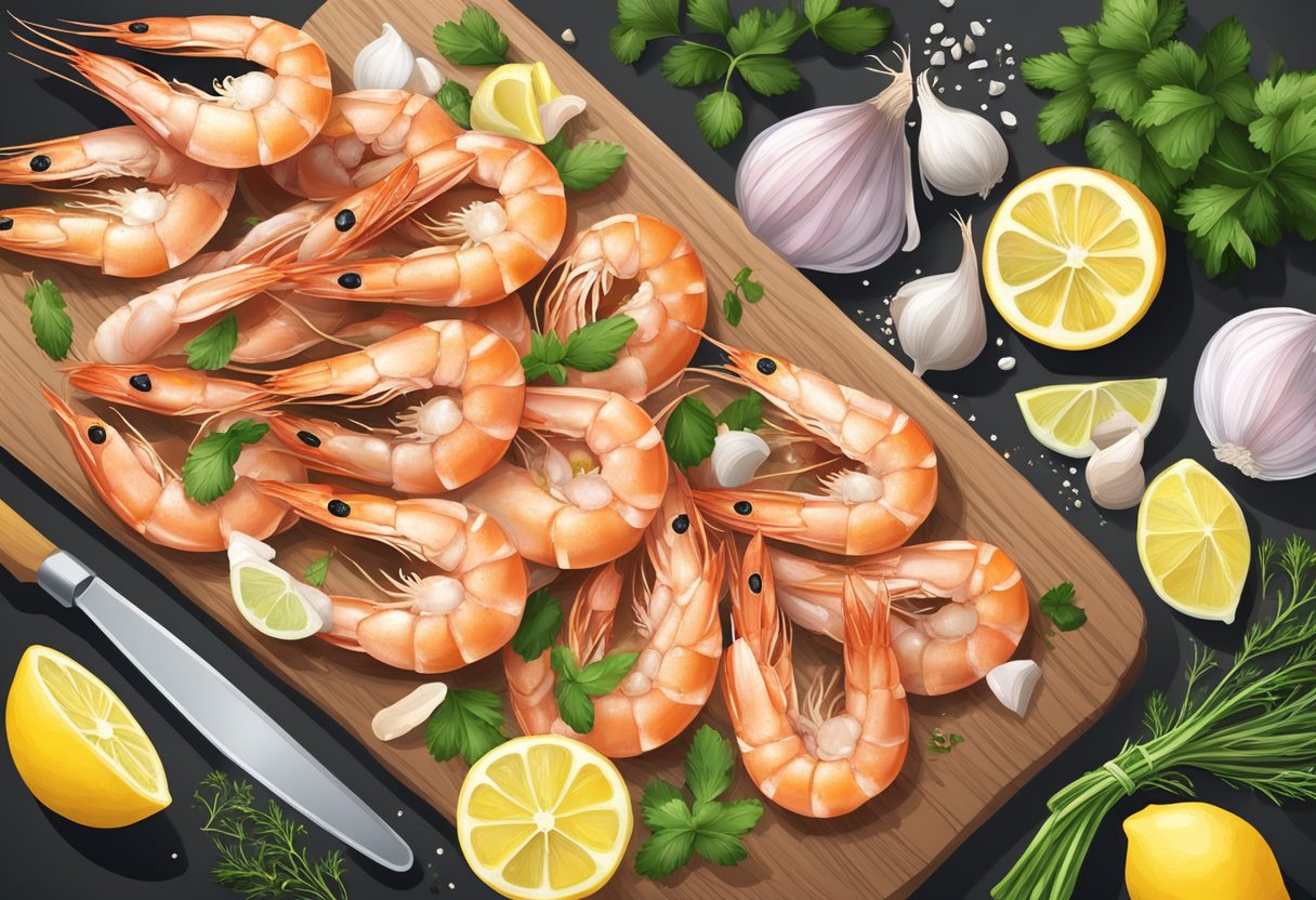 A pile of frozen prawns thawing on a cutting board, surrounded by ingredients like garlic, lemon, and herbs. A pan sizzles on the stove, ready to cook up a delicious prawn dish