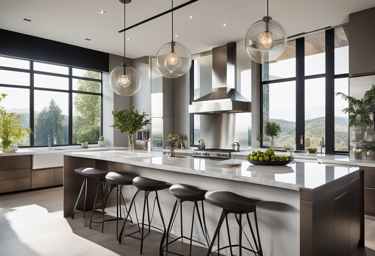 A modern kitchen with sleek, stainless steel appliances, marble countertops, and a large island with bar stools. Natural light floods in through large windows, highlighting the clean, minimalist design