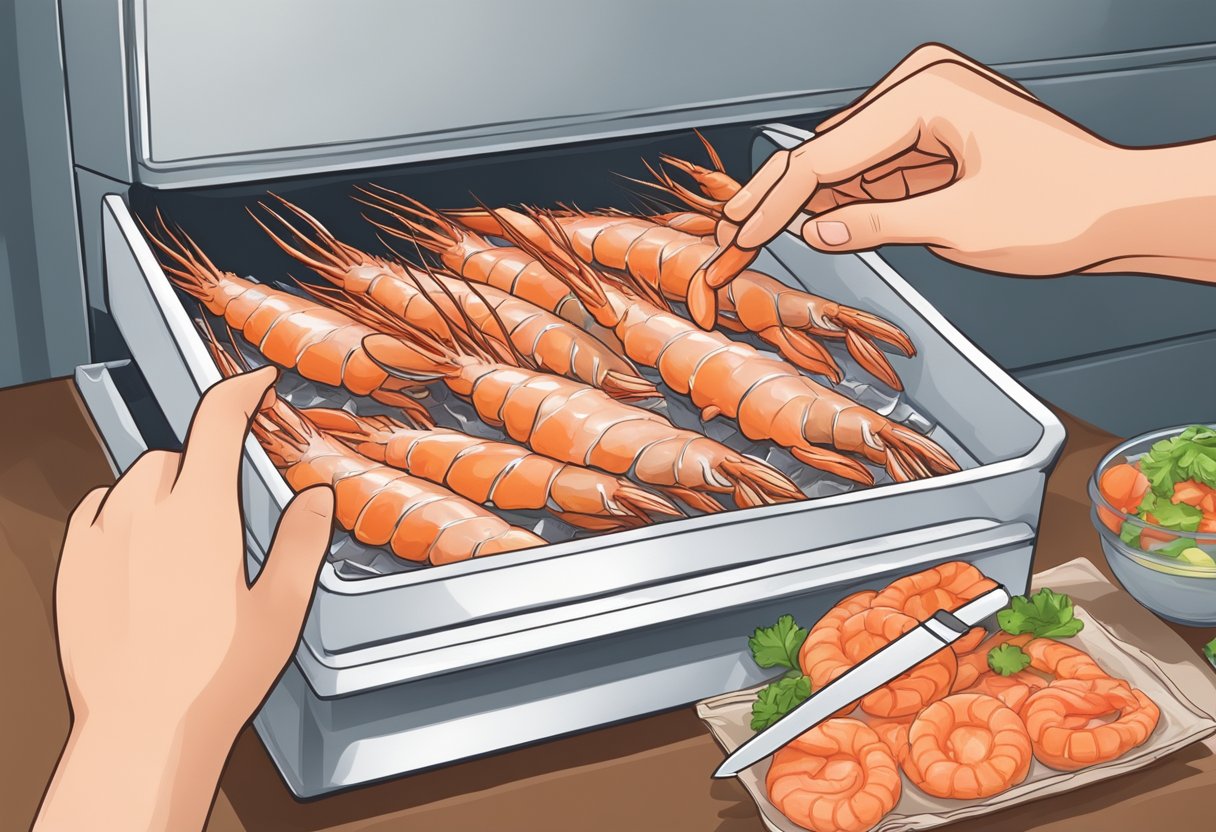 A hand reaching into a freezer, grabbing a bag of frozen prawns. A cutting board and knife are set out, ready for preparation