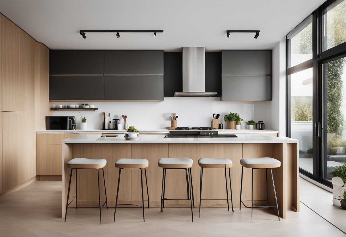 A clean, clutter-free kitchen with sleek, simple lines and minimal decor. White walls, light wood cabinets, and stainless steel appliances create a modern, minimalist space