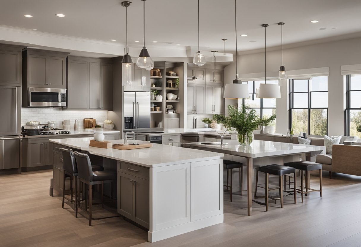 A spacious, open kitchen with an island, modern appliances, and ample storage. Natural light floods in through large windows, illuminating the sleek countertops and stylish fixtures