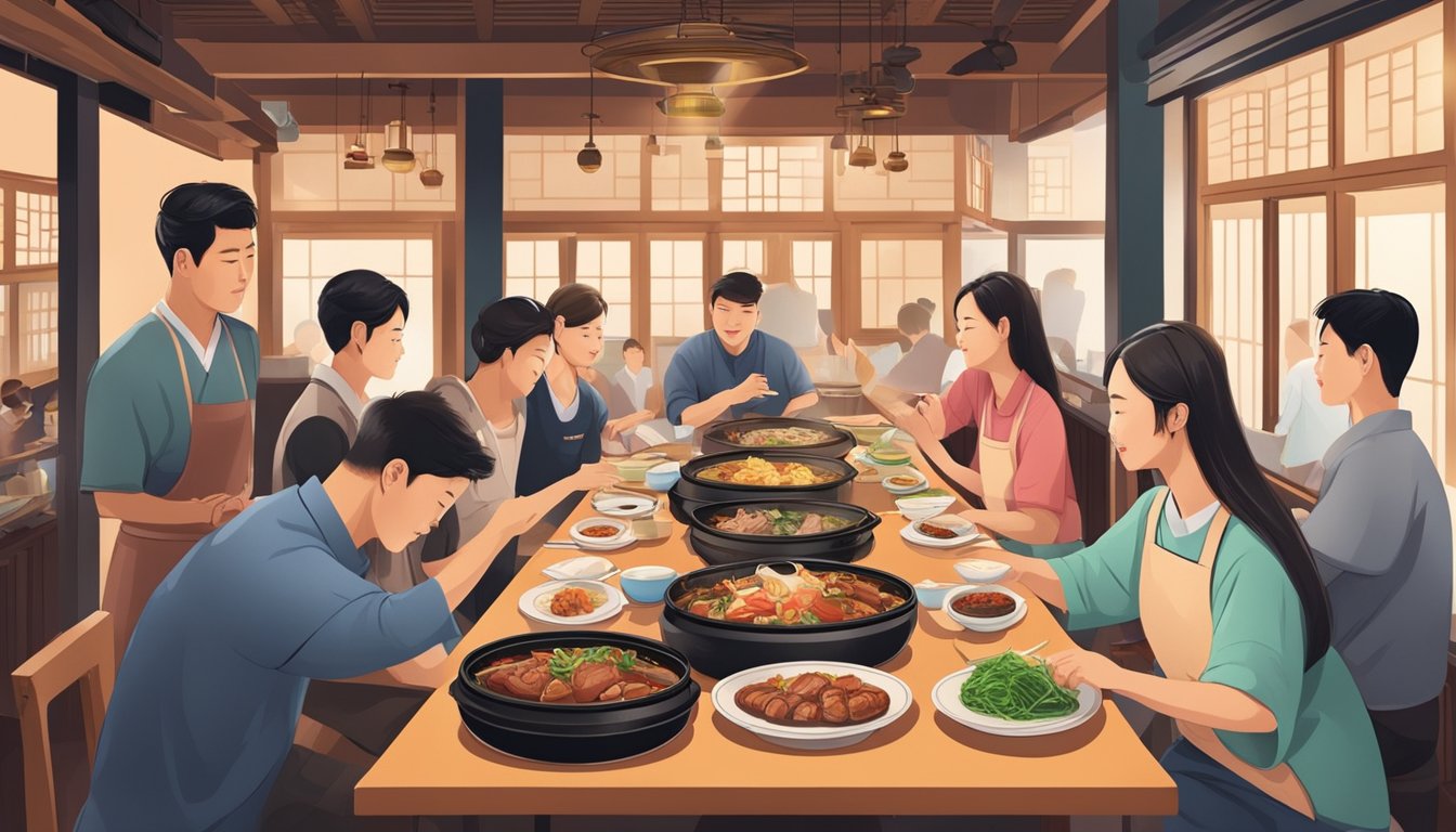 Customers enjoying traditional Korean dishes in a cozy restaurant setting, with waitstaff bustling around and the aroma of sizzling meats filling the air