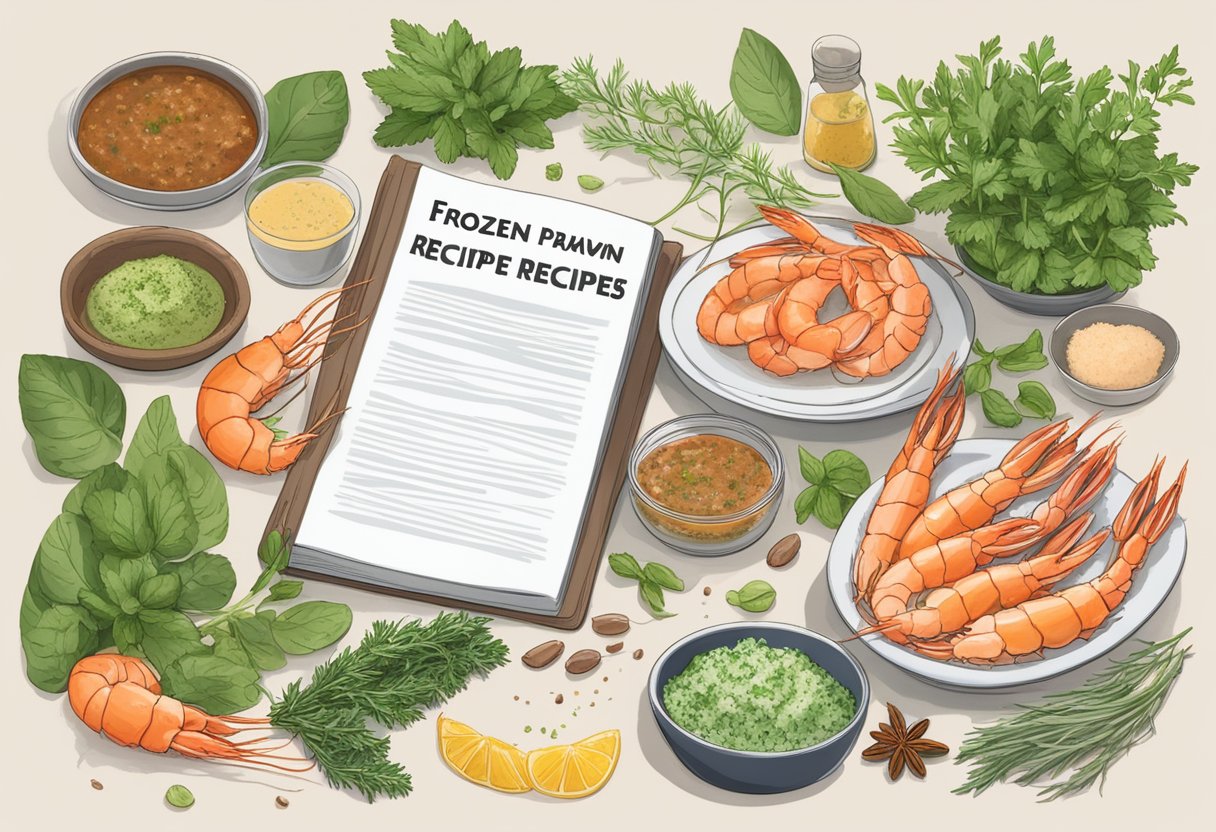 A plate of frozen prawns sits next to a variety of fresh herbs and spices, with a recipe book open to a page titled "Frozen Prawn Recipe Ideas."