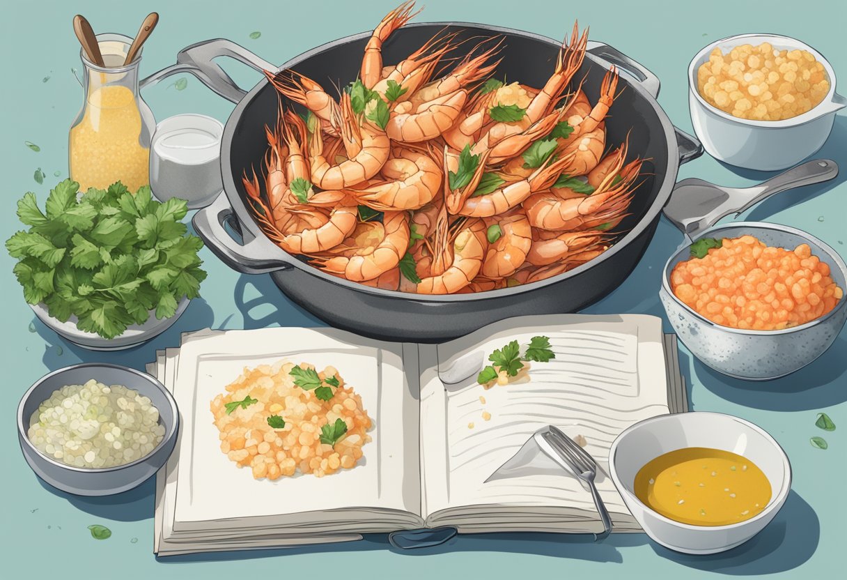 A pile of frozen prawns surrounded by various ingredients and cooking utensils, with a recipe book open to a page titled "Frequently Asked Questions frozen prawns recipes."