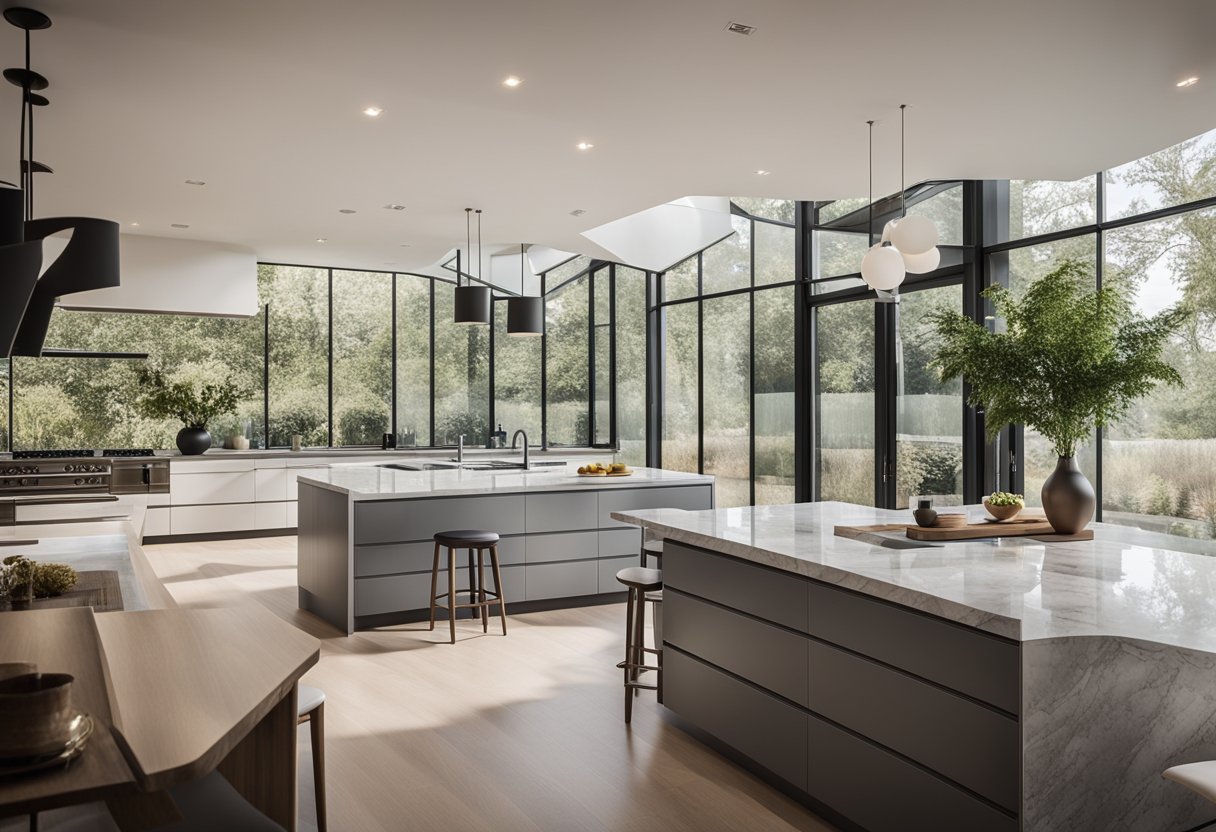 A modern kitchen with sleek, minimalist cabinets, marble countertops, and integrated appliances. Large windows let in natural light, and a spacious island provides ample workspace