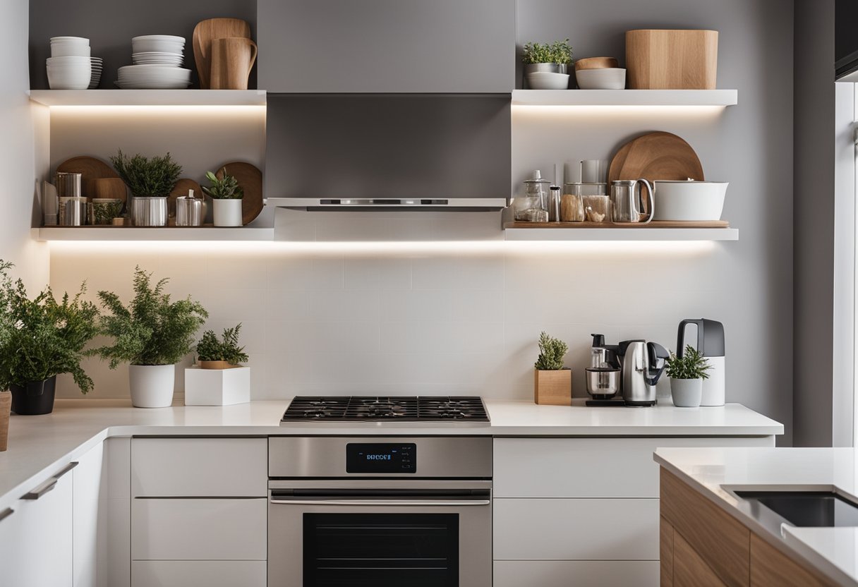 A clean, modern kitchen with sleek countertops and minimal decor. A FAQ sign hangs on the wall, with neatly organized shelves and a simple color scheme