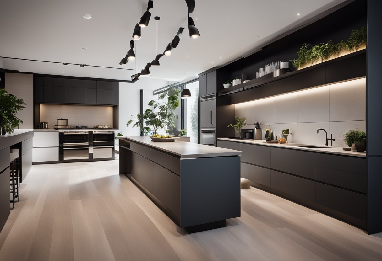 A modern, organized kitchen with labeled storage, a large island, and a sleek, minimalist design