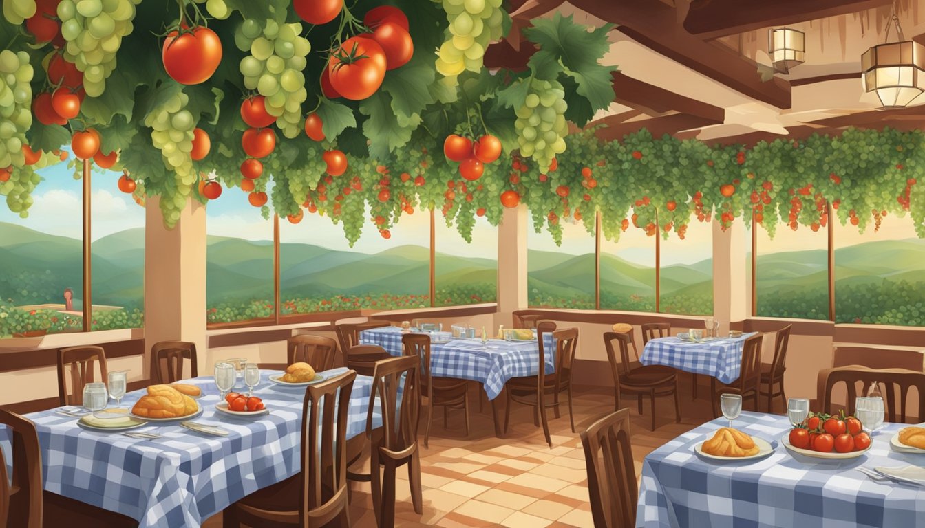 A bustling Italian restaurant with checkered tablecloths, hanging grapevines, and the aroma of garlic and tomatoes filling the air