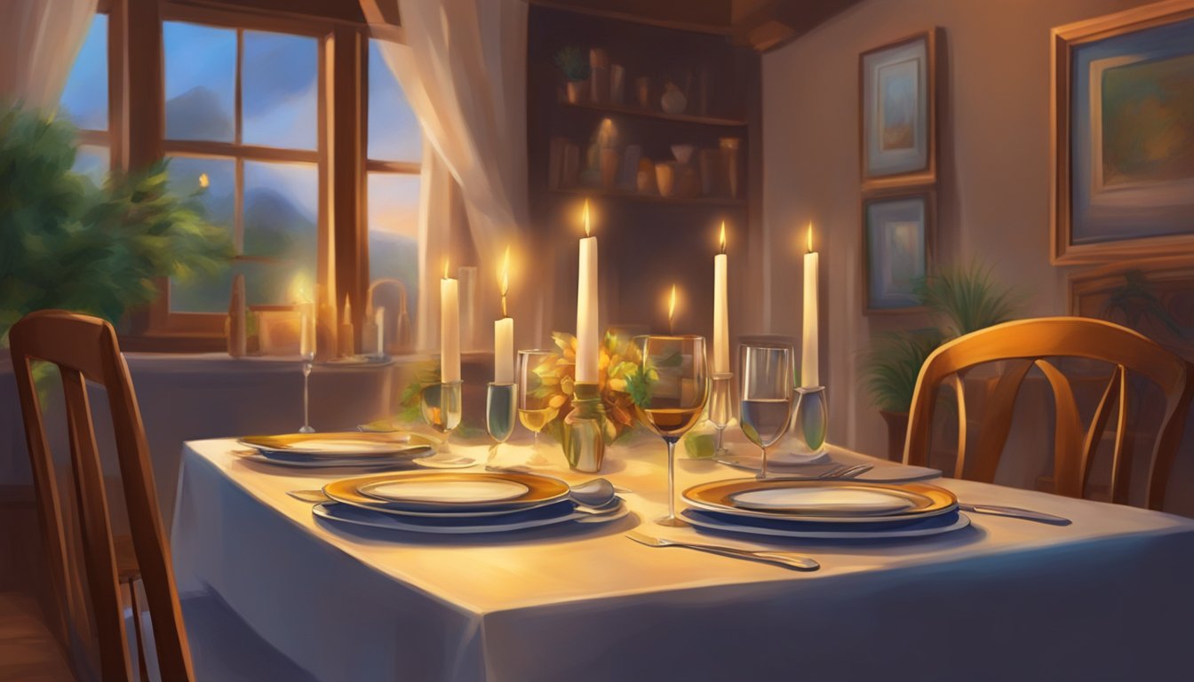 The table is set with elegant silverware and a flickering candle, casting a warm glow. The walls are adorned with colorful paintings, creating a cozy atmosphere