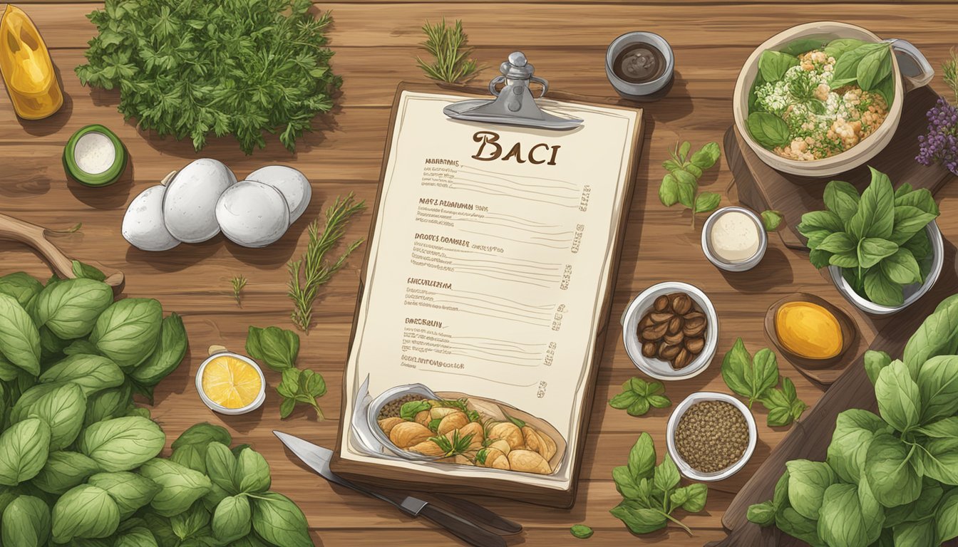 The menu and offerings at Baci Baci restaurant are displayed on a wooden table, surrounded by fresh herbs and ingredients
