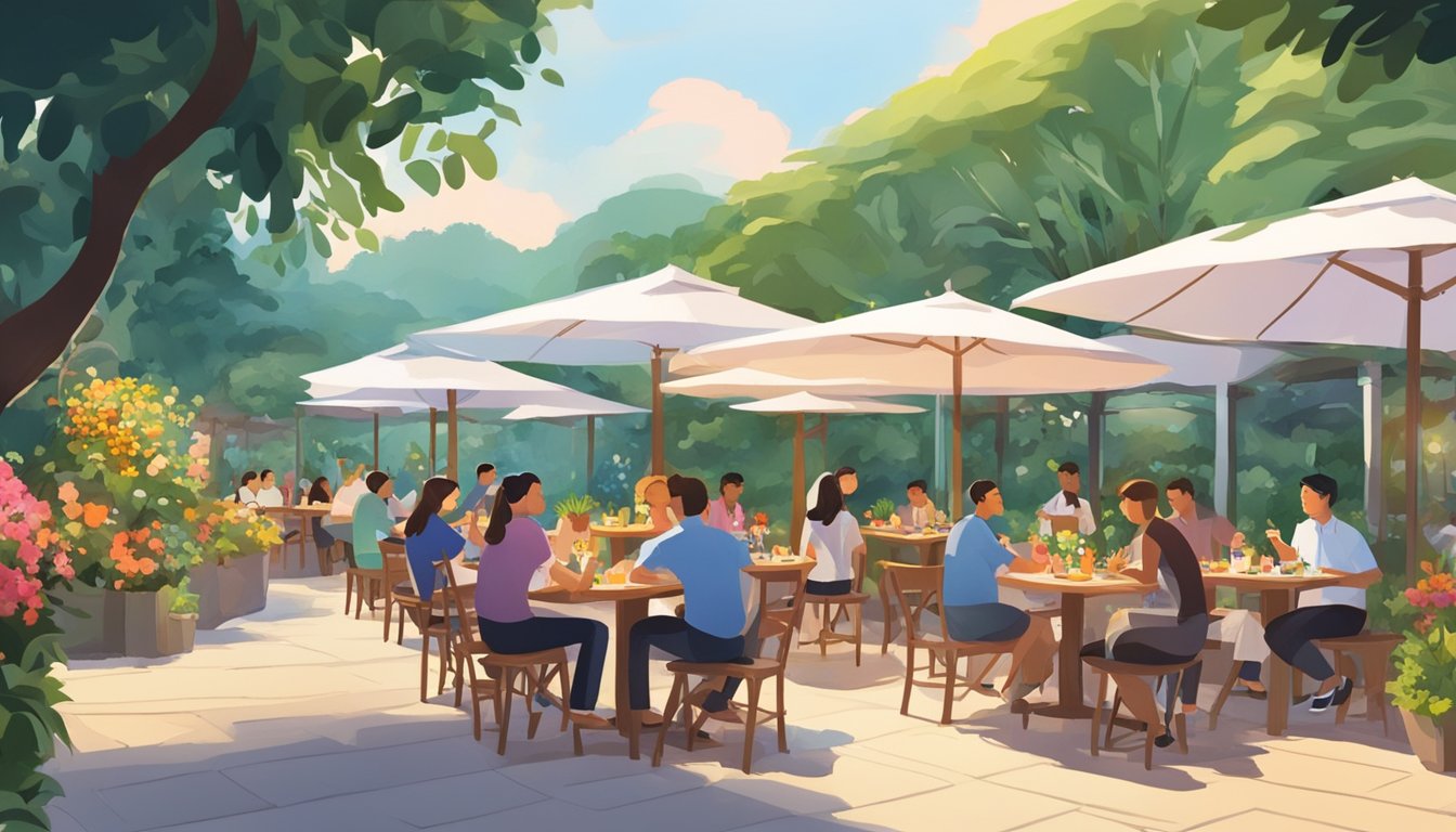 People dining at outdoor tables, surrounded by lush greenery and colorful flowers. A waiter serves food as the sun sets over Bukit Timah